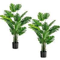 Costway 2 PCS 5FT Artificial Monstera Deliciosa Plant Faux Evergreen Tree W/ Cement Pot in Green