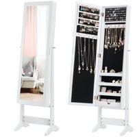 Costway Mirrored Jewelry Armoire Standing Jewelry Cabinet w/ Full-Length Mirror in White