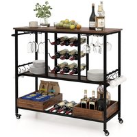Costway 3 Tiers Kitchen Bar Cart Home Serving Cart on Wheels with Glass Racks in Brown