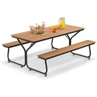 Costway Outdoor Dining Table & 2 Benches Picnic Table Bench Set w/ Umbrella Hole in Brown