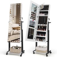 Costway Height Adjustable Jewelry Cabinet Standing Jewelry Armoire w/ 3-Color LED Mirror & Wheels in White