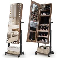 Costway Height Adjustable Jewelry Cabinet Standing Jewelry Armoire w/ 3-Color LED Mirror & Wheels in Brown