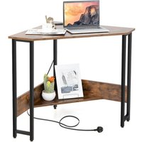 Costway Corner Desk 90-degree Triangle Computer Desk Laptop Desk w/Power Outlet in Brown