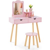 Costway 2-in-1 Toddler Vanity Makeup Dressing Table & Chair Set W/ Mirror & Drawers in Pink