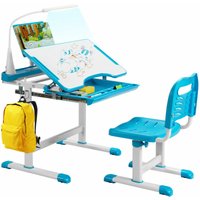 Costway Height Adjustable Study Table & Chair Set w/Book Stand & LED Light in Blue