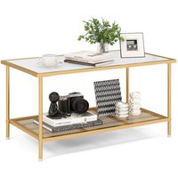 Costway 2-Tier Coffee Table Rectangle Cocktail Accent Table with Tempered Glass Top in Gold