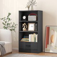 Costway 4 Tiers Storage Shelf Wood Bookcase Floor Standing Display Shelf with Drawer in Grey