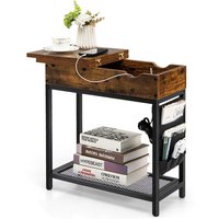 Costway Narrow Side Table Flip Top End Table Nightstand w/ Charging Station Side Pocket in Brown