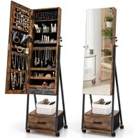 Costway Mobile Mirror Jewelry Cabinet Standing Makeup Organizer Jewelry Armoire w/ Lockable Door in Brown