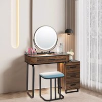 Costway Dressing Table Vanity Set Makeup Stool with Charging Station & 3 Color Lighted Swivel Mirror & 3 Drawer Chest in Brown