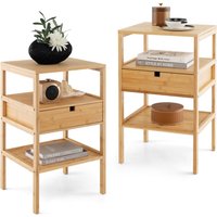 Costway Set of 2 Bamboo Nightstand 3 Tiers Bedside Table with Storage Drawer in Natural