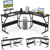 Costway L shaped Desk Long 2 Person Corner Computer Desk with Monitor Stand in Black