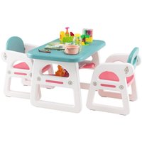 Costway 3 PCS Table & Chairs Set Toddler Activity Desk Set w/ Storage Rack in Blue
