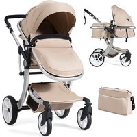 Costway 2 in 1 Baby Stroller Convertible Reversible Bassinet Pram with Rain Cover Foldable Aluminum Alloy Pushchair in Light Khaki