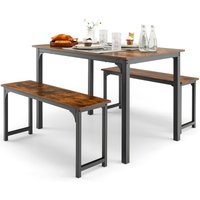 Costway 3 PCS Dining Table Set Space-Saving Kitchen Table Set w/2 Benches in Brown