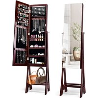 Costway Freestanding Mirror Jewelry Cabinet Organizer W/ Full Length Mirror Built-in LED in Brown