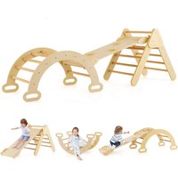Costway 3-in-1 Triangle Climbing Set Wooden Toddler Climber with Reversible Ramp Arch in Natural