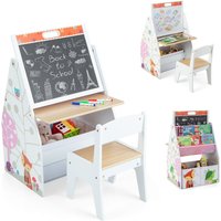 Costway Double-Sided Art Easel Play Station Table Chair Set w/Fabric Bin Bookshelf in White