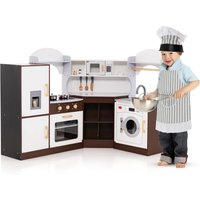 Costway Corner Wooden Play Kitchen Pretend Play Kitchen with Lights & Sounds in Brown