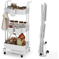 Costway 3-Tier Rolling Cart Folding Storage Cart w/3 Hanging Cups&6 Hooks-White in White
