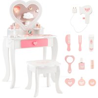 Costway 2-in-1 Kids Vanity Set Pretend Makeup Table & Chair Set w/ Heart-shaped Mirror in White