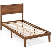 Costway Single Size Bed Frame Acacia Wood Platform Bed w/ Headboard in Walnut