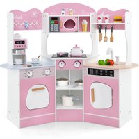 Gymax Corner Toy Kitchen Wooden Kitchen Playset With Sounds-Pink in Pink