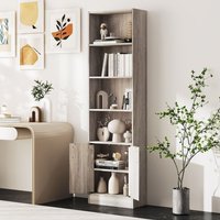 Costway 6-Tier Bookshelf 180cm Tall Bookcase w/4 Open Cubes & Double Doors Grey