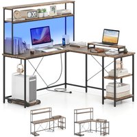 Costway L-Shaped Gaming Desk Reversible Corner Computer Desk w/LED Strip in Brown
