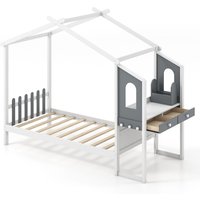 Single House Bed Frame Desk Bed Roof Canopy & 2 Drawers