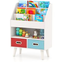 Gymax Wooden 3-Tier Bookshelf Book Display Rack With Folding Fabric Drawers in White