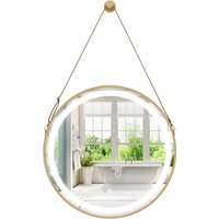 Gymax 60 x 60 CM Bathroom Wall Mirror With Hanging Strap 3 Colors LED Light in Gold