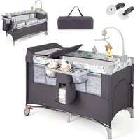 Gymax 5-in-1 Portable Bedside Crib On Wheels Folding Changing Table Playpen in Dark Grey