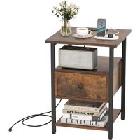 Nightstand Bedside End Table Charging Station Drawer Open Shelves