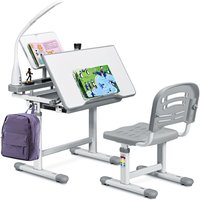 Gymax Study Desk & Chair Set Height-adjustable Table With Chair & Lamp in Grey