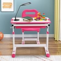 Gymax Height Adjustable Study Table & Chair Set with Tilting Tabletop-Pink in Pink