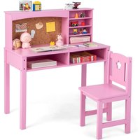 Gymax Kids Desk & Chair Set Study Table With Bookshelf & Solid Wood Legs in Pink