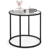 Gymax Glass End Table 50cm Round Side Table With Metal Frame & Faux Marble in Black