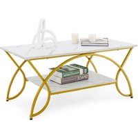 Gymax 2-Tier Coffee Table Rectangular Accent Table Faux Marble Gold Finish in White