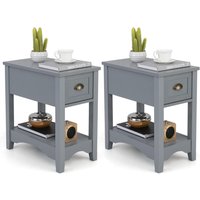 Gymax 2 Pack Retro Side Table Nightstand End Table With 1 Drawer & Solid Wood Legs in Grey