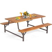 Gymax Picnic Dining Table Bench Set 180CM Rectangular Tabletop Umbrella Hole in Brown