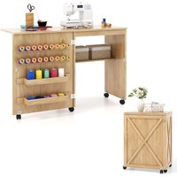 Gymax Folding Sewing Table Sewing Cabinet 18 Pegs Storage Trays & Barn-door in Natural