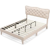 Gymax Double Size Slats Platform Bed With Button Tufted Headboard Bed Frame in Beige