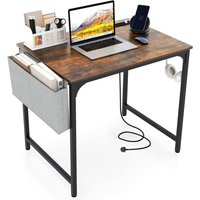 Costway Computer Desk Small Home Office Desk w/ Charging Station in Brown