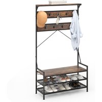 Costway Coat Rack 4-In-1 Hall Tree with 11 Hanging Hooks & Shoe Bench in Brown