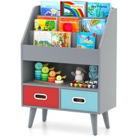 Gymax 3-Tier Bookshelf Toy Storage With 2 Folding Fabric Drawers Display Rack in Grey