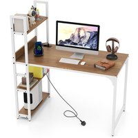 Gymax Writing Desk Industrial Gaming Table With Power Outlets & Shelves in Khaki