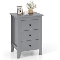 Gymax Bedside Table 3-Drawer Wooden Nightstand End Side Table Grey