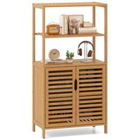 Gymax 5-Tier Bookshelf Bamboo Cabinet With Open Shelves & Doors in Light Khaki