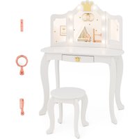 Gymax Kids Vanity Table & Chair Set With Tri-folding Mirror Adjustable Light in White